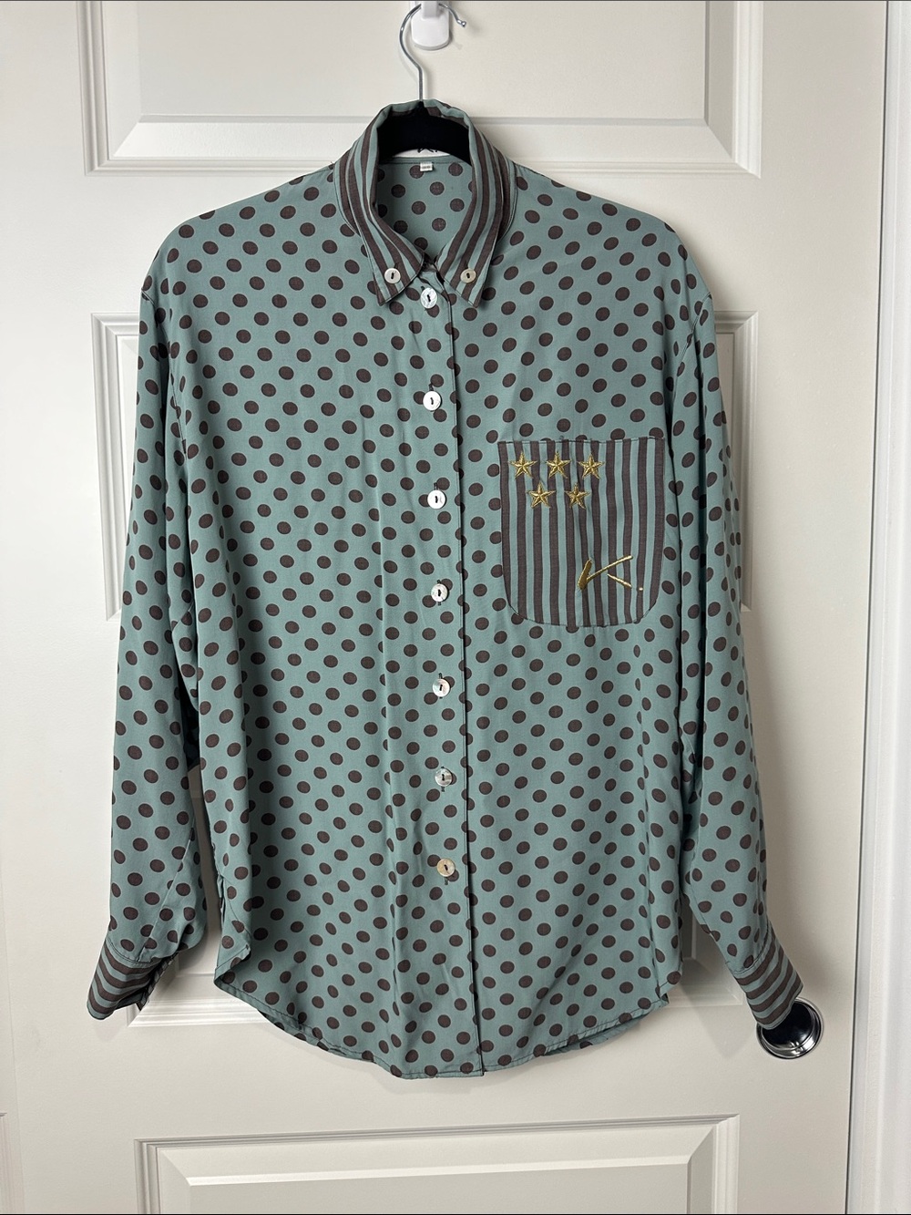 Theresa Konig Women’s Polka Dot Stripe Button-Up Shirt Gray Green Stars 36